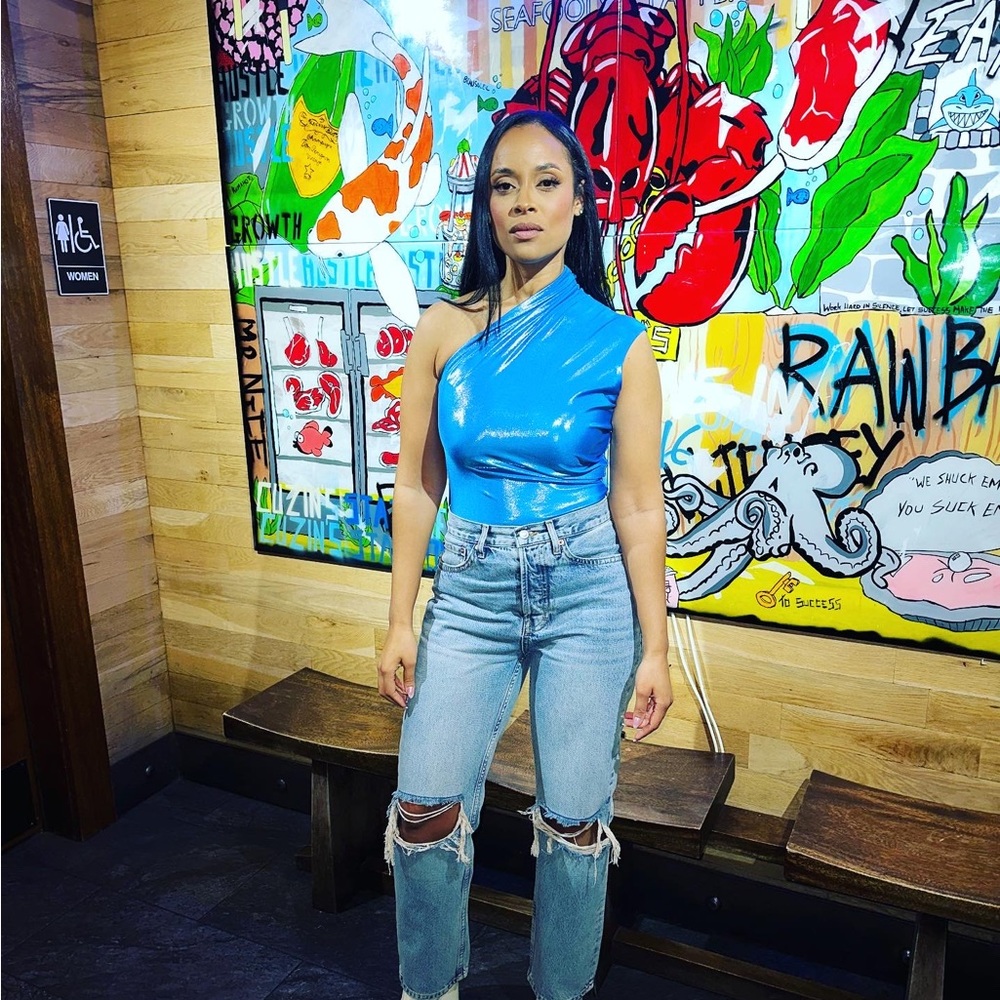 Blue one shoulder bodysuit